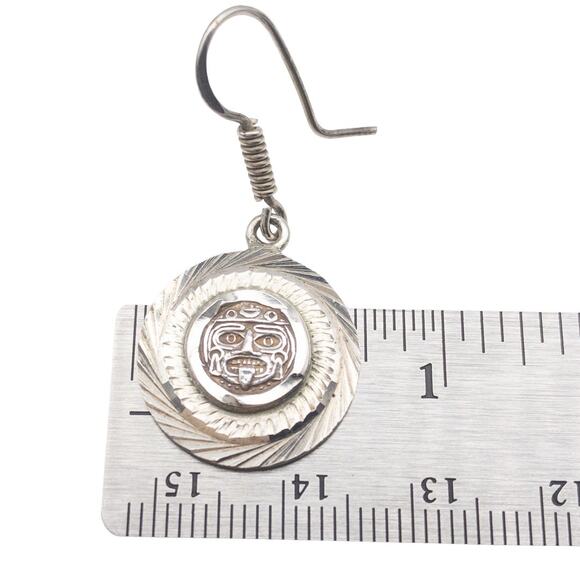 Vintage Mexican 925 Sterling Silver Aztec Mask Dangle Earrings Round - Picture 3 of 13